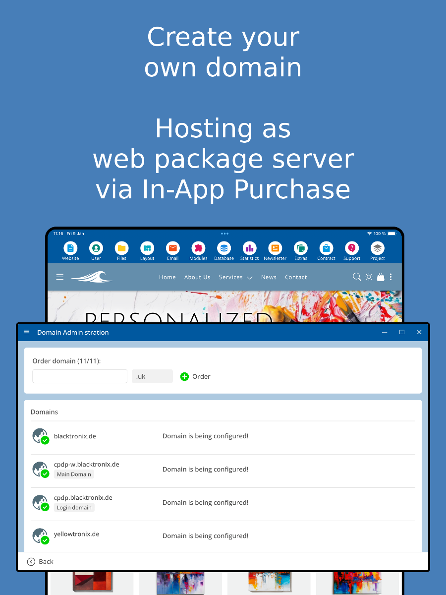 Domain management in the app – Tablet screenshot